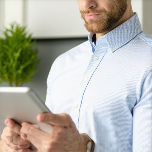 Business owner analyzing legal documents on a tablet in an office setting