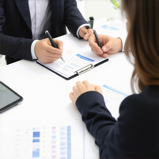 Strategic Legal Insurance Planning Business professionals discussing legal insurance plans in a modern office