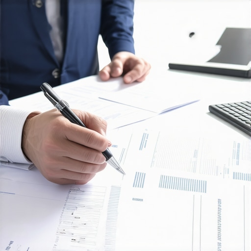 Business owner consulting with legal advisor over digital documents in modern office.