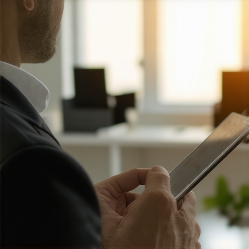 Business owner analyzing legal documents with digital tablet in office setting