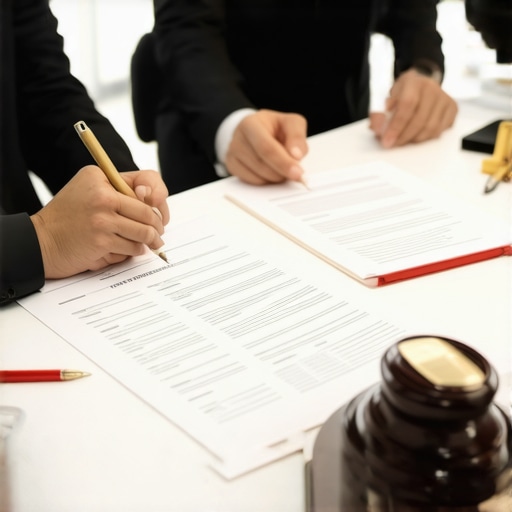 Business professionals discussing legal strategies with digital devices and documents