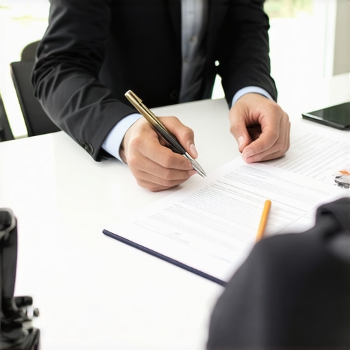 Business professionals discussing legal insurance plans with documents and laptops