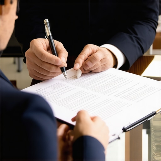 Business lawyer and client discussing legal strategies with documents and digital devices.