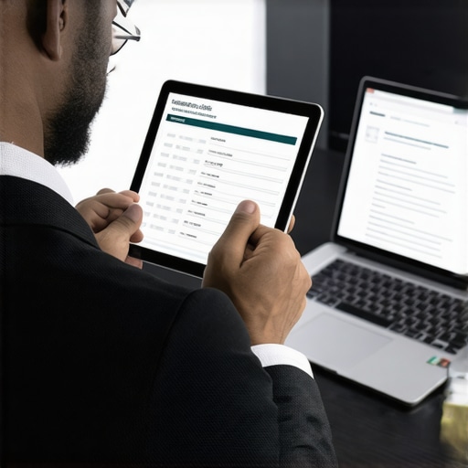 Business owner reviewing insurance documents on tablet with digital tools in a modern office.