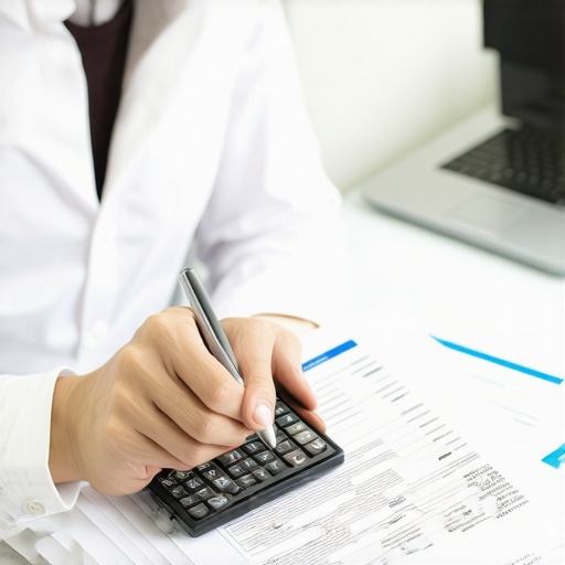 Person analyzing insurance documents with calculator and laptop