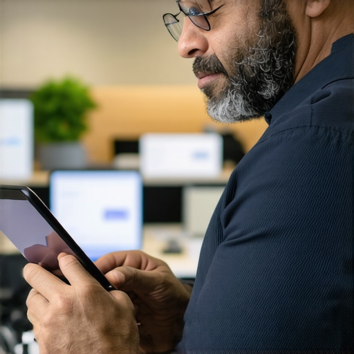 Business owner using a tablet to manage insurance policies in an office setting