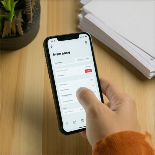 Person managing insurance policies with app and documents