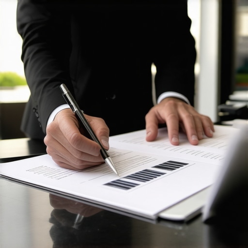 Business professional using AI tools for legal risk assessment in a high-tech office