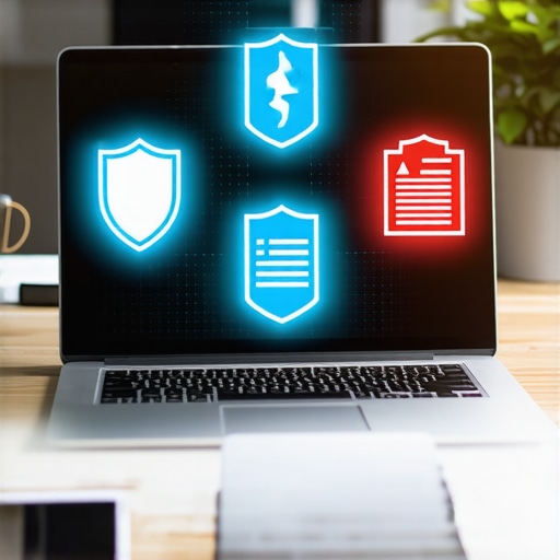 Laptop screen showing legal and insurance management software with icons of shield and documents.