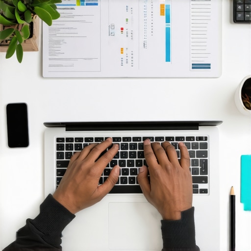 Person using financial apps and managing insurance documents on a laptop and smartphone in an organized workspace