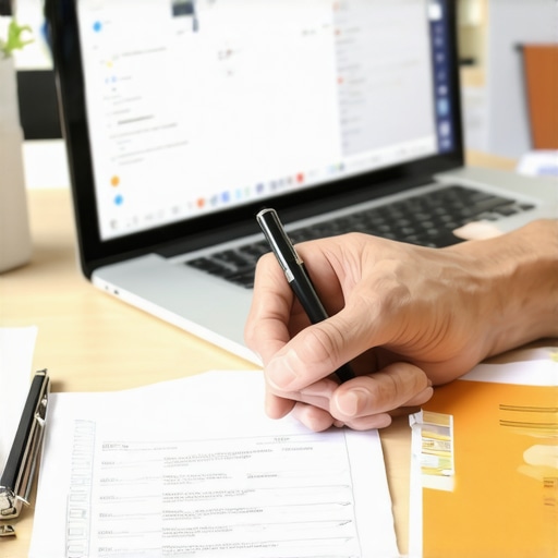 Person analyzing insurance documents on a laptop with a checklist and financial reports.