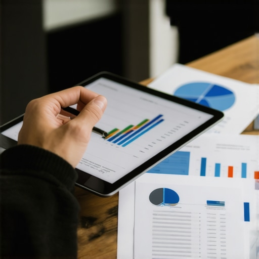 Person analyzing insurance documents on a tablet with charts and paperwork.