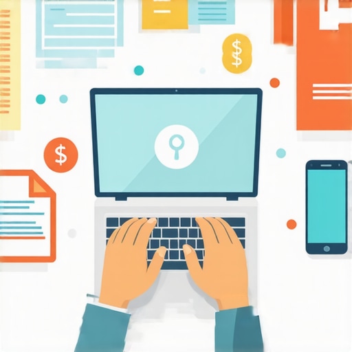 A person managing insurance documents on digital devices with icons representing security and organization