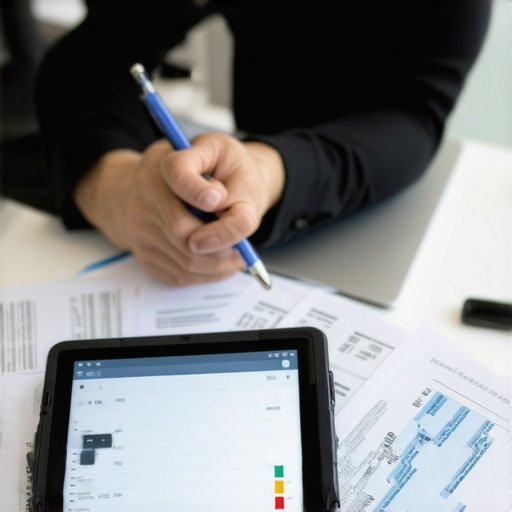 Person managing insurance policies on a tablet with digital tools in a workspace