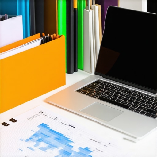 Organized Digital Insurance Toolkit Workspace with organized folders, laptop, and digital tools for insurance management.