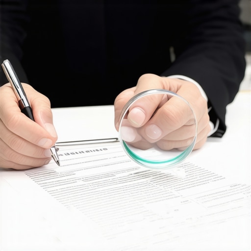 A person analyzing detailed insurance policy documents with a magnifying glass