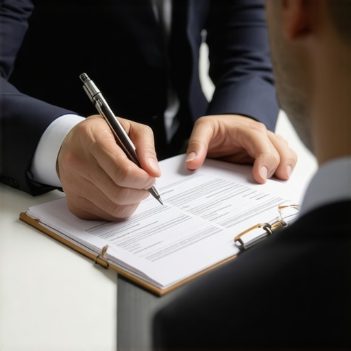 Business owner consulting with legal advisor over business insurance strategy.