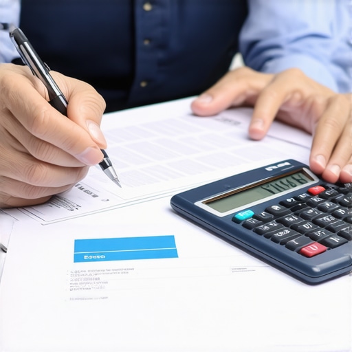 Person reviewing insurance documents with a calculator