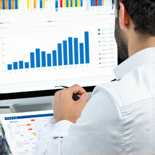 Business owner managing insurance policies digitally with charts and compliance indicators.