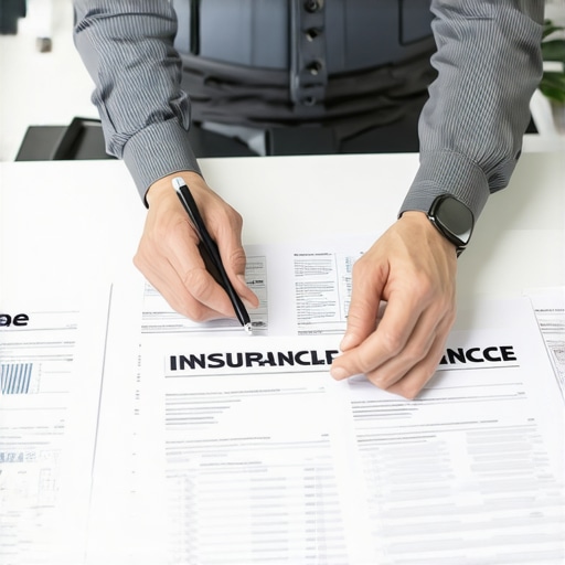 Person organizing insurance policies and digital alerts on a workspace, symbolizing maintenance and monitoring.