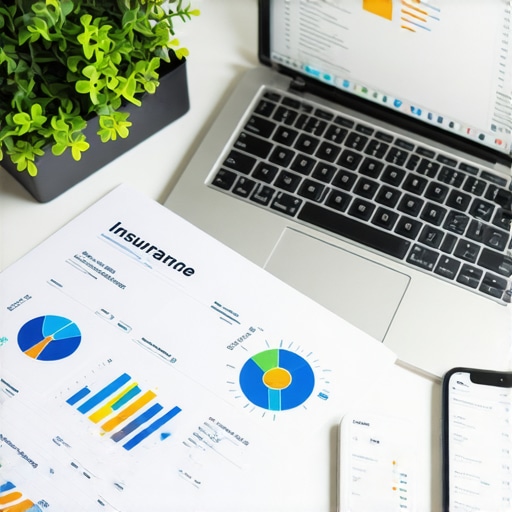 Workspace with insurance planning tools and digital devices