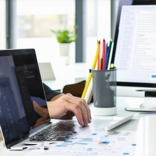 Person reviewing insurance policies on a laptop, surrounded by documents and digital devices