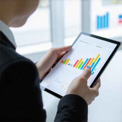 Modern Insurance Management Tools in Action Person using a tablet to review insurance policies with data analytics