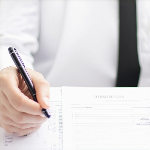 A person examining legal insurance documents at a desk.