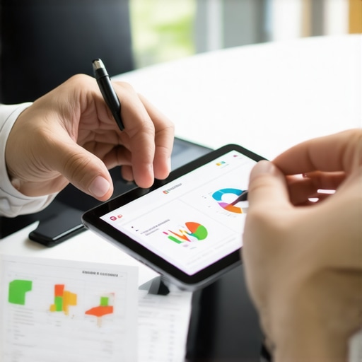 Person analyzing insurance policies on tablet with digital graphs