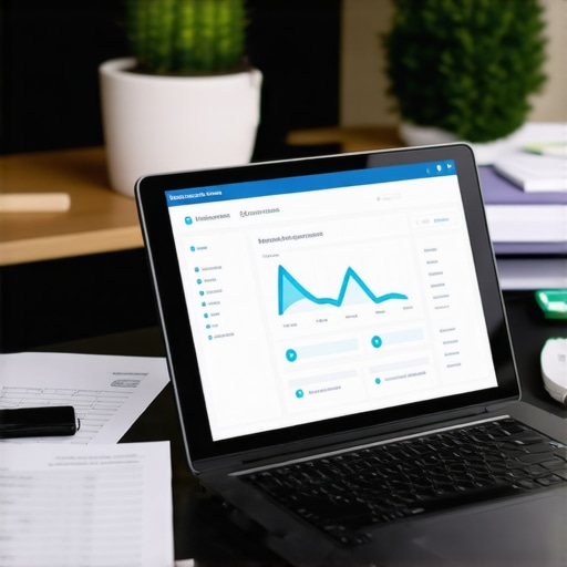 A workspace showcasing digital insurance management tools and paper policies.